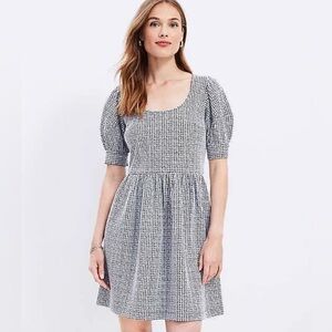 LOFT Textured Scoop Neck Swing Dress Medium Black/White Puff Sleeve‎ Women's NWT